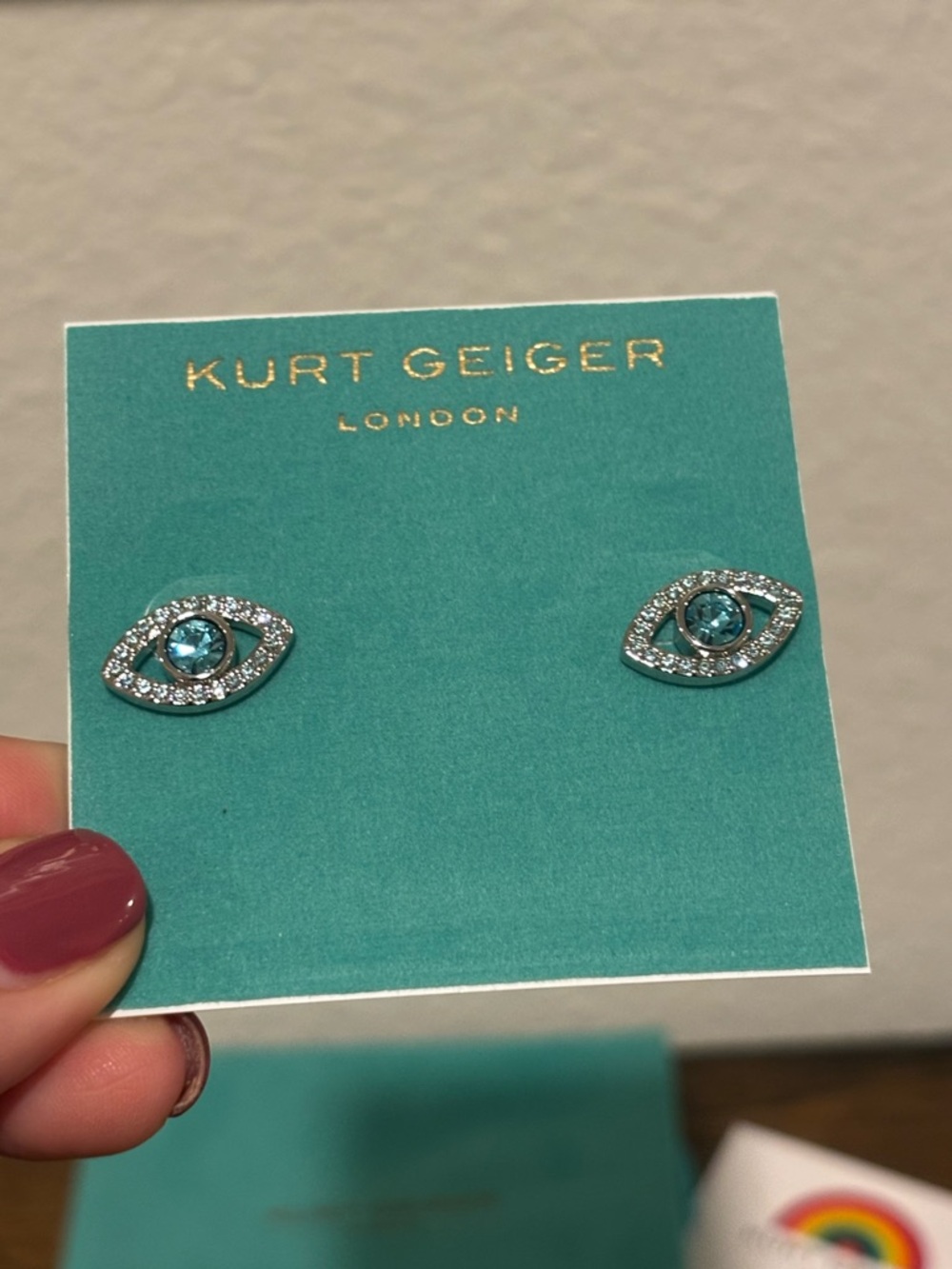 Kurt Geiger Teal Crystal Evil Eye Stud Earrings - Picture 4 of 5